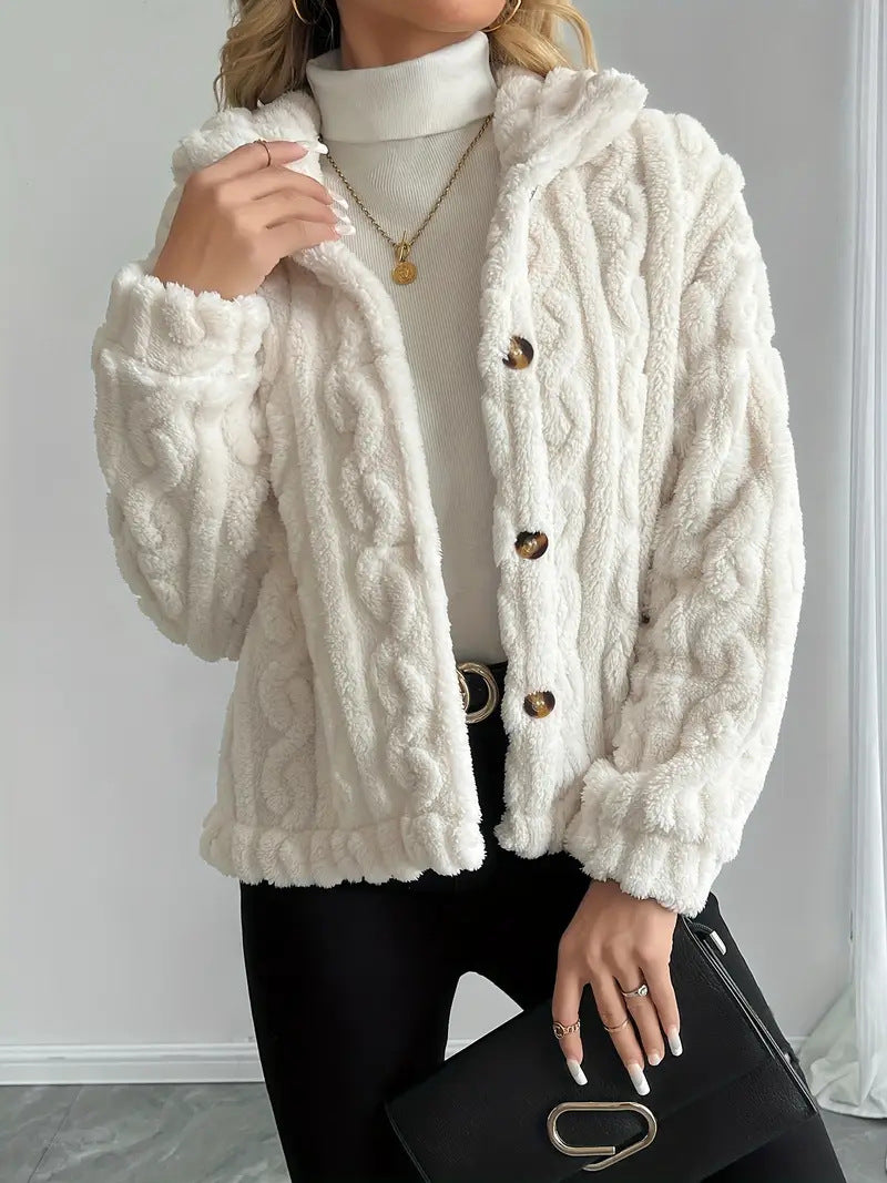 Plush Faux Fur Cable Texture Button Jacket