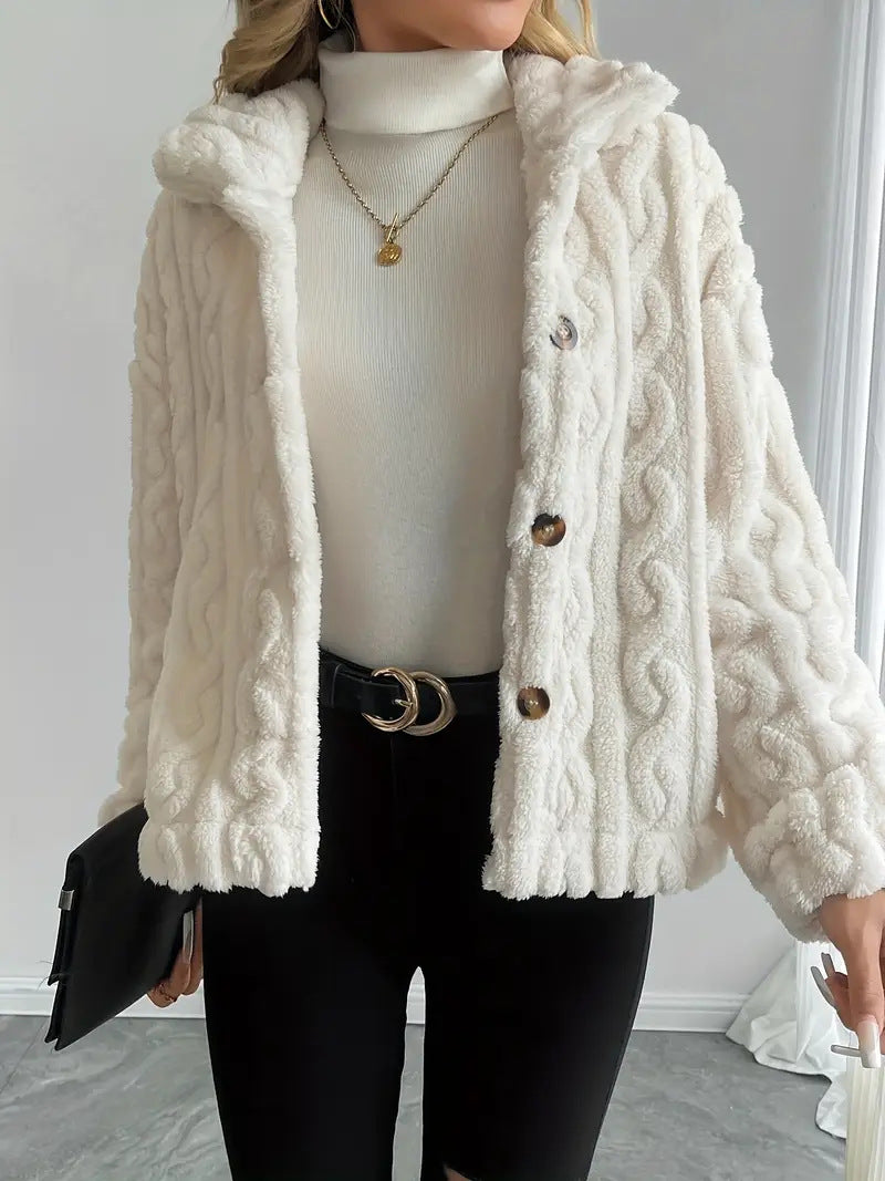 Plush Faux Fur Cable Texture Button Jacket - view 2