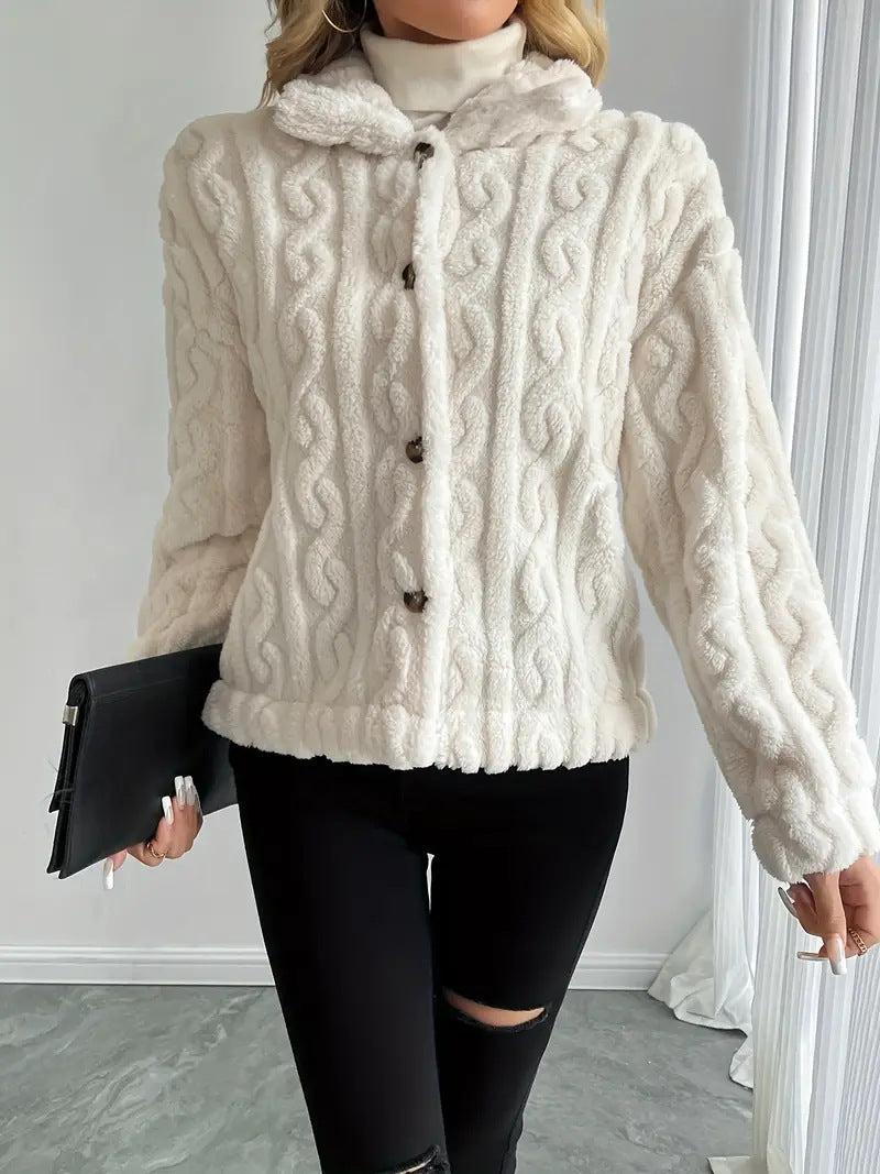 Plush Faux Fur Cable Texture Button Jacket - view 3