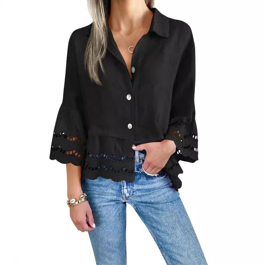 Eyelet Trim Flared Sleeve Button Shirt - Black