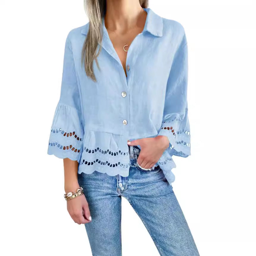 Eyelet Trim Flared Sleeve Button Shirt - Blue