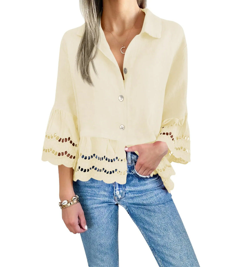 Eyelet Trim Flared Sleeve Button Shirt - Light_Yellow