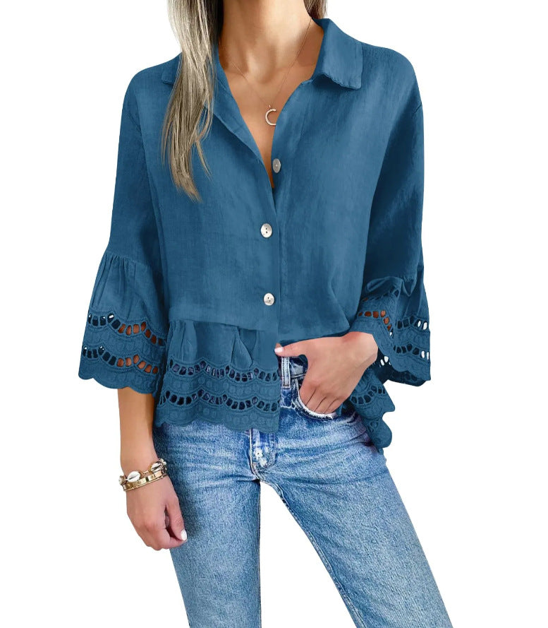 Eyelet Trim Flared Sleeve Button Shirt - Navy_Blue