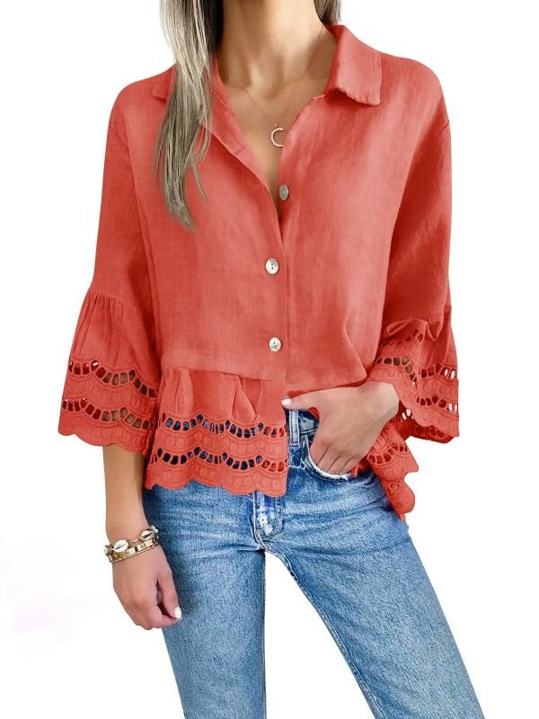 Eyelet Trim Flared Sleeve Button Shirt - Orange_Red