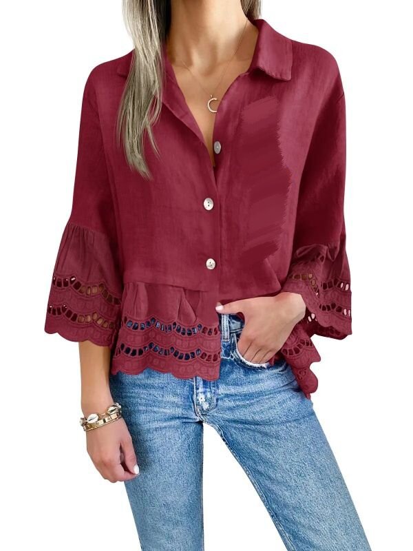 Eyelet Trim Flared Sleeve Button Shirt - Red