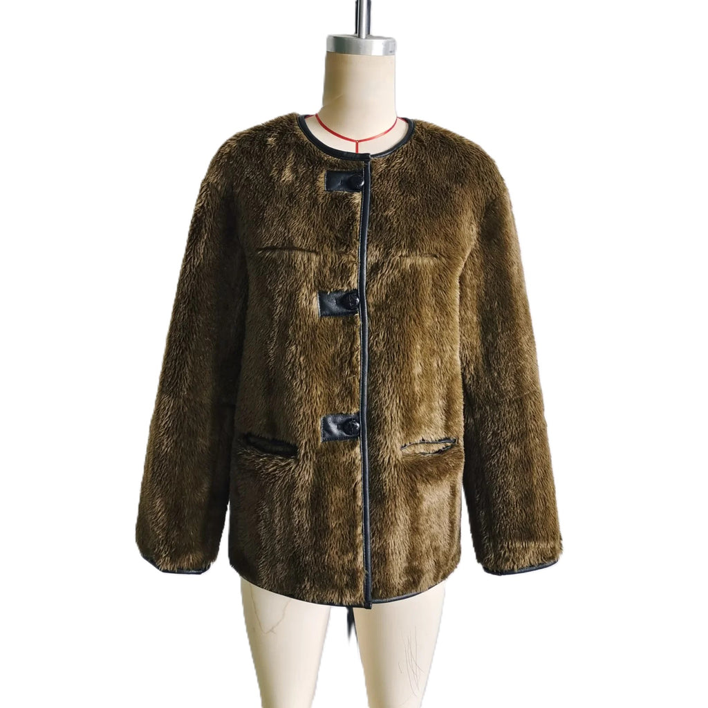 Faux Shearling Collarless Teddy Jacket - Green