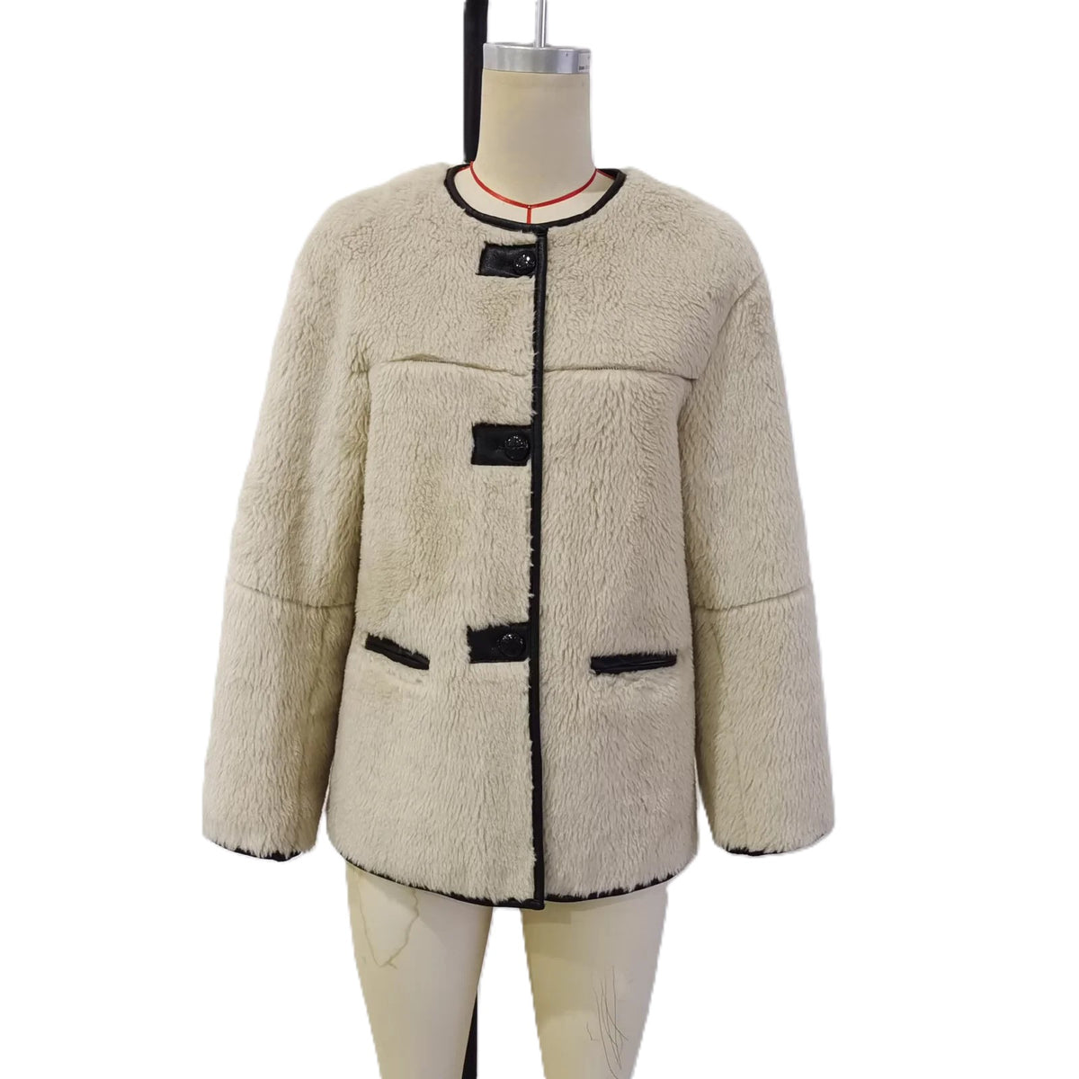 Faux Shearling Collarless Teddy Jacket - White