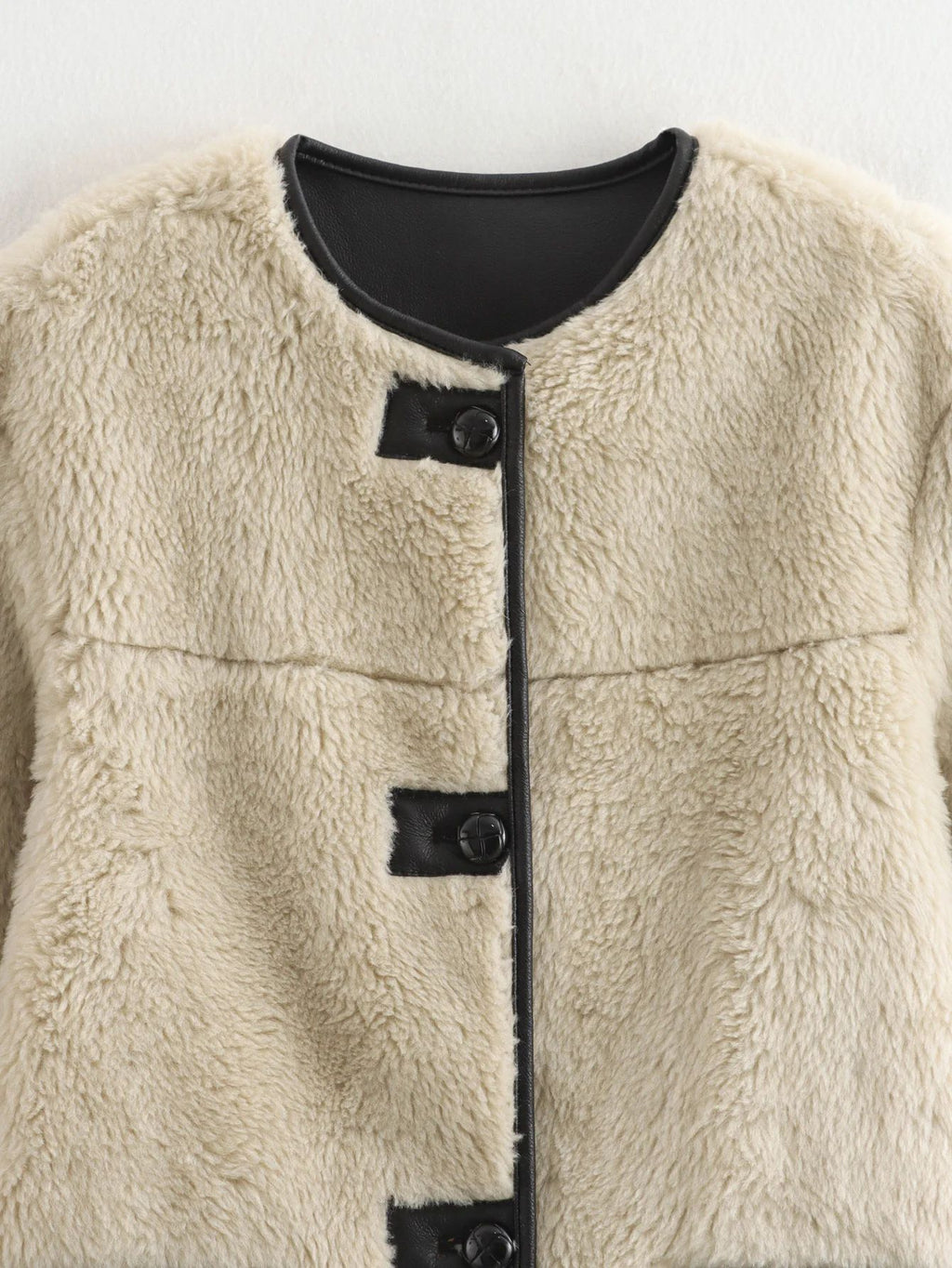 Faux Shearling Collarless Teddy Jacket - White - 1