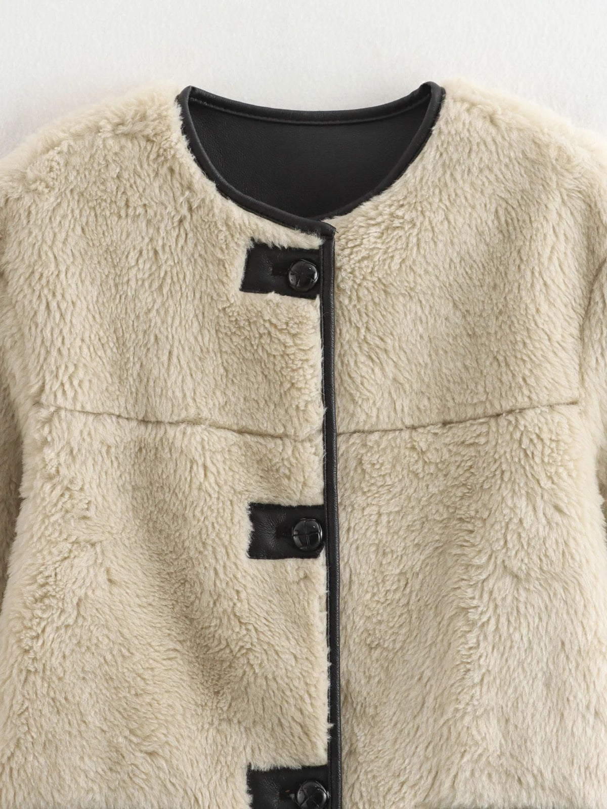 Faux Shearling Collarless Teddy Jacket - White - 1