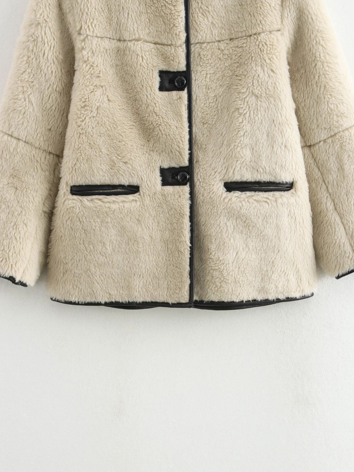 Faux Shearling Collarless Teddy Jacket - White - 4
