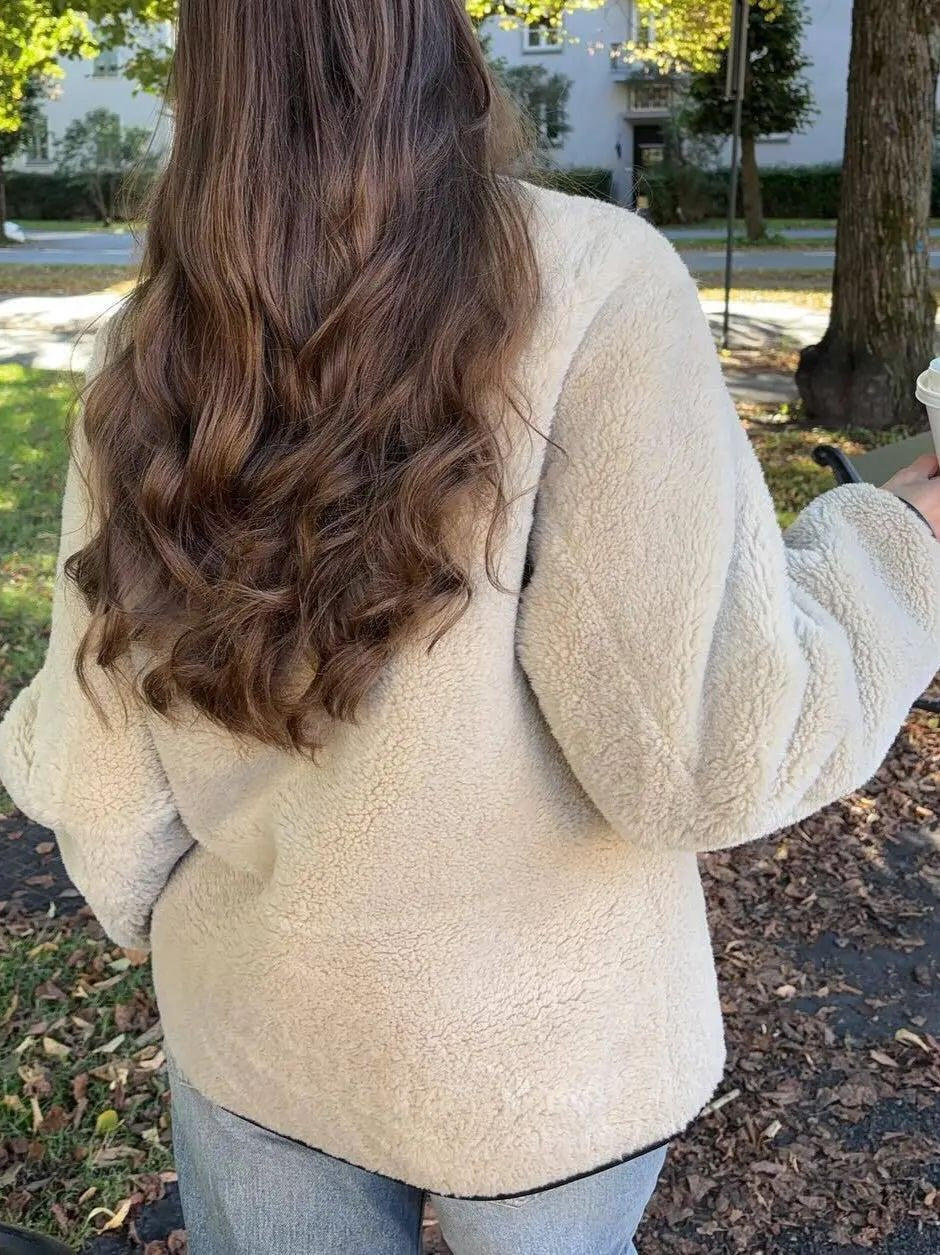 Faux Shearling Collarless Teddy Jacket - White - 6