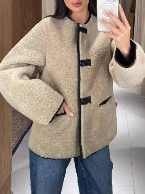 Faux Shearling Collarless Teddy Jacket
