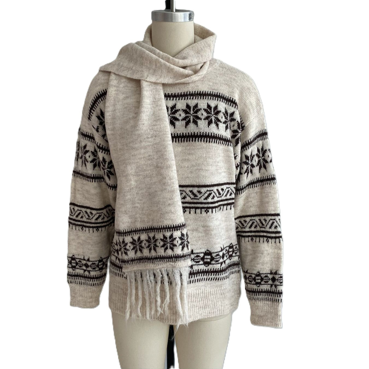 Snowflake Fair Isle Knit Sweater With Fringe Scarf - Apricot - 1