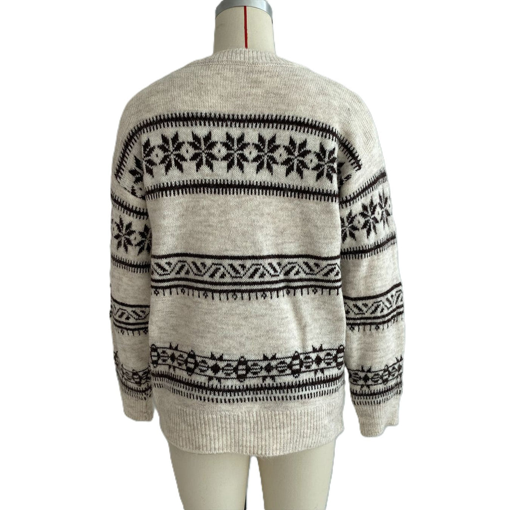 Snowflake Fair Isle Knit Sweater With Fringe Scarf - Apricot - 2