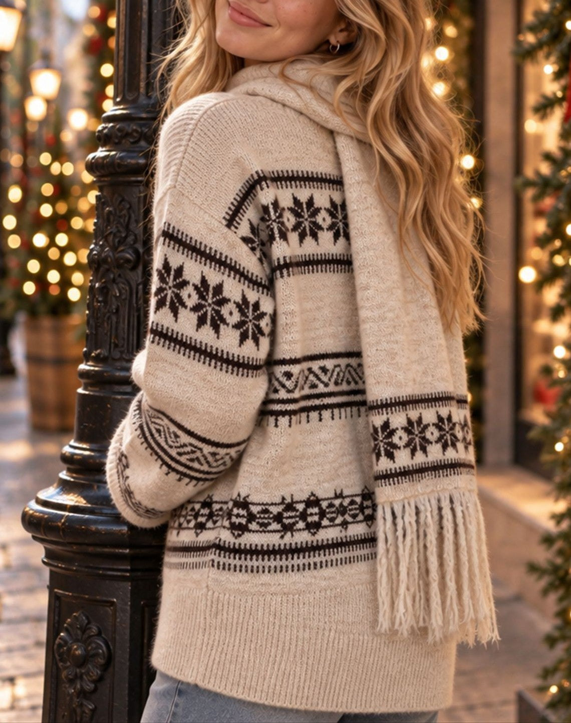 Snowflake Fair Isle Knit Sweater With Fringe Scarf - Apricot - 4