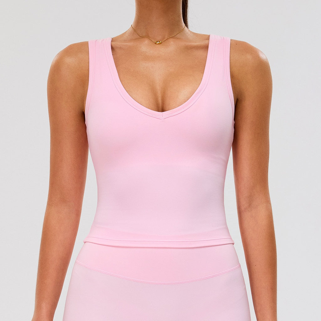 V Neck Longline Padded Workout Tank Top - Blossom Pink