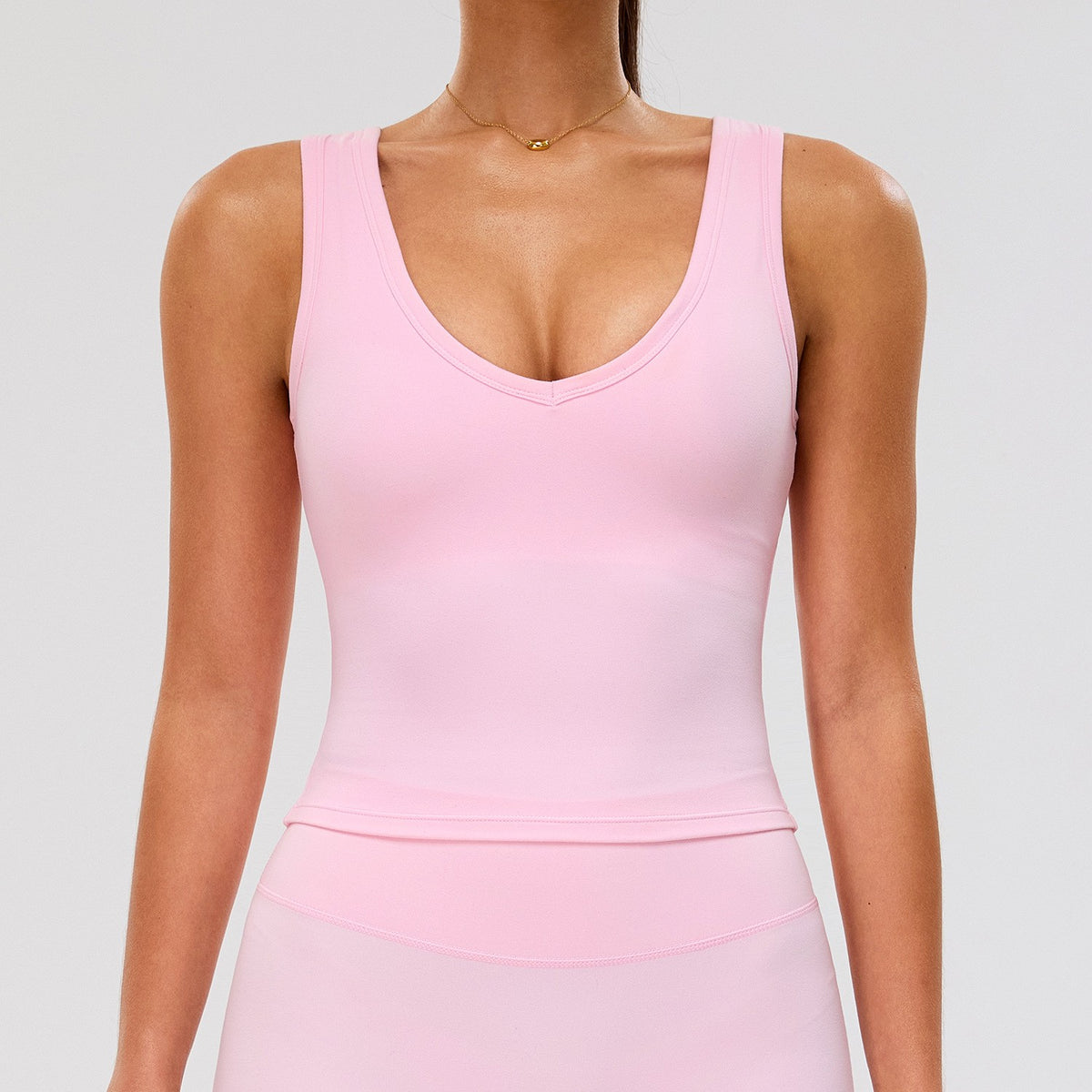 V Neck Longline Padded Workout Tank Top - Blossom Pink