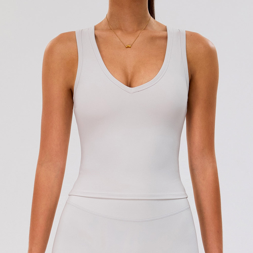 V Neck Longline Padded Workout Tank Top - Stone White
