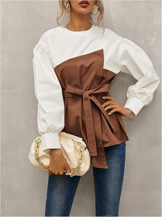 Two Tone Belted Peplum Blouse - Coffee