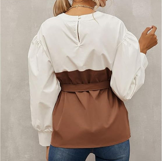 Two Tone Belted Peplum Blouse