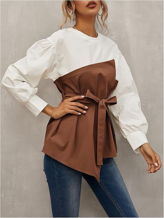 Two Tone Belted Peplum Blouse - view 1