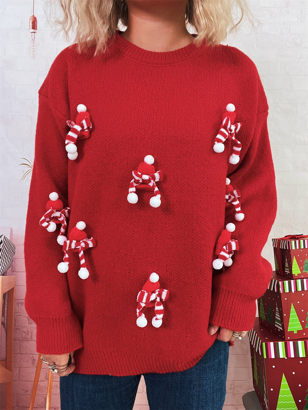 Mini Scarf Applique Crewneck Knit Sweater - Red
