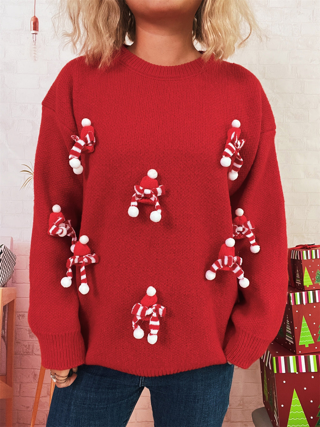 Mini Scarf Applique Crewneck Knit Sweater - Red - 1