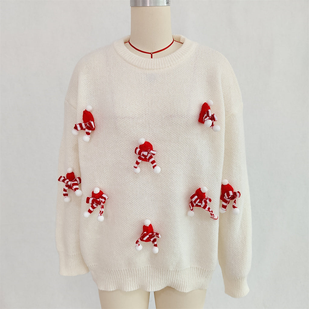 Mini Scarf Applique Crewneck Knit Sweater - White