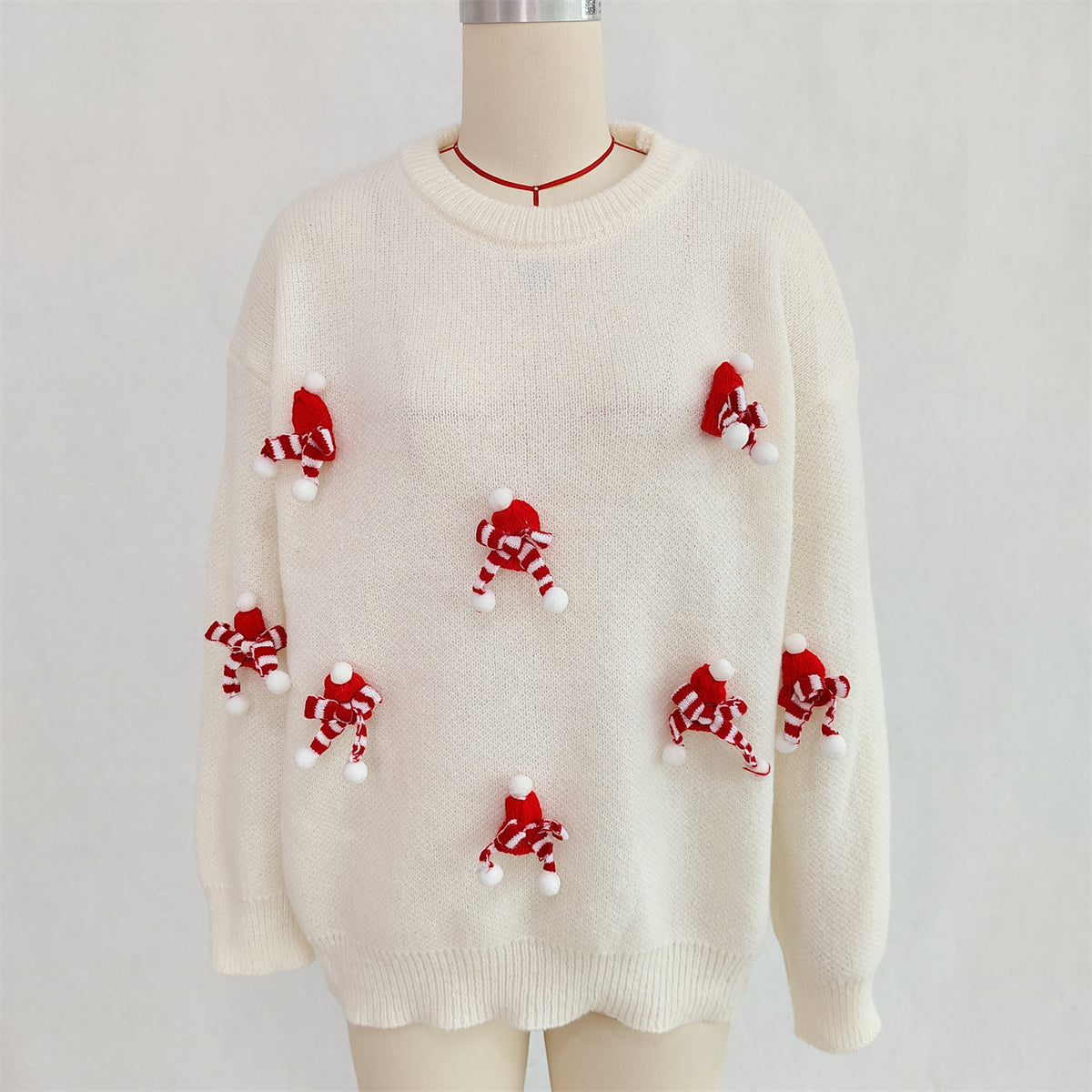 Mini Scarf Applique Crewneck Knit Sweater - White