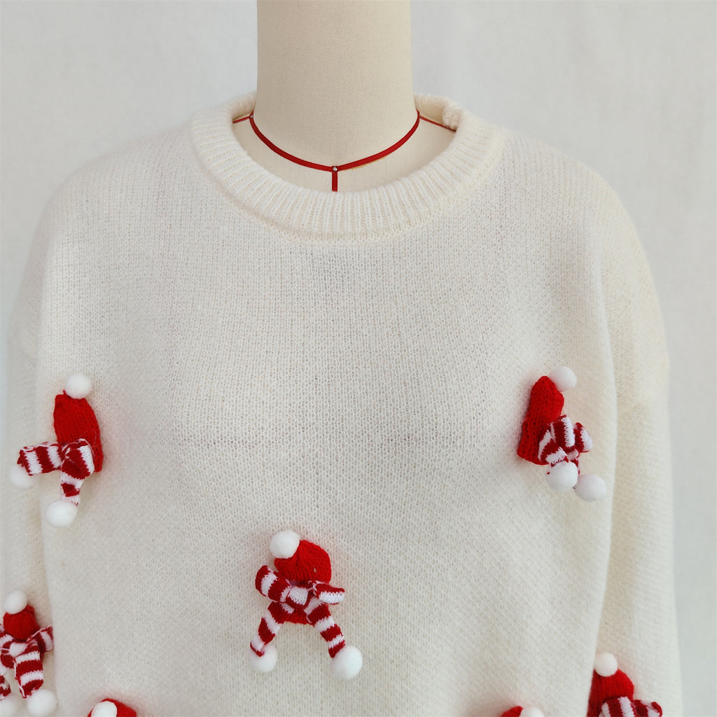 Mini Scarf Applique Crewneck Knit Sweater - White - 1