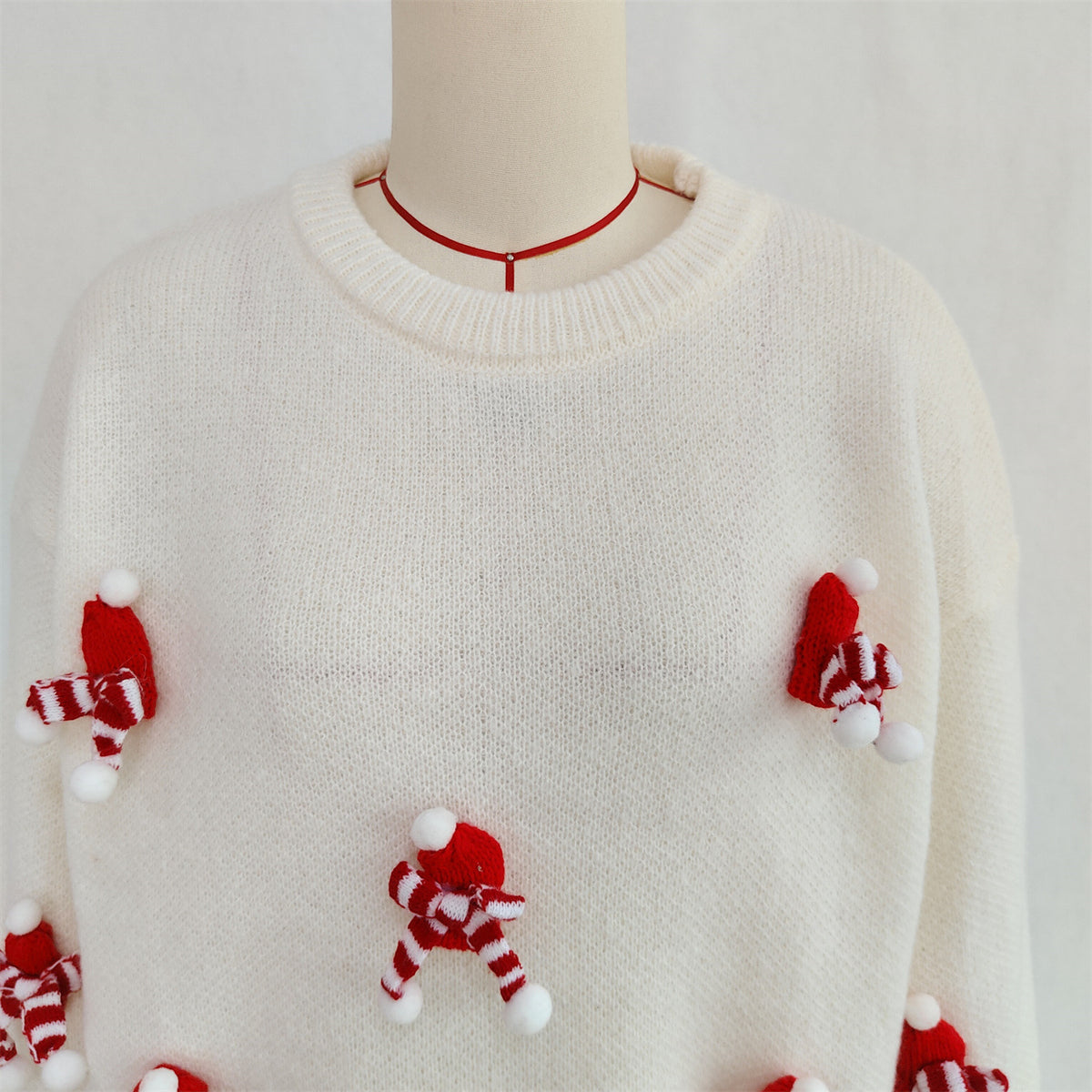 Mini Scarf Applique Crewneck Knit Sweater - White - 1