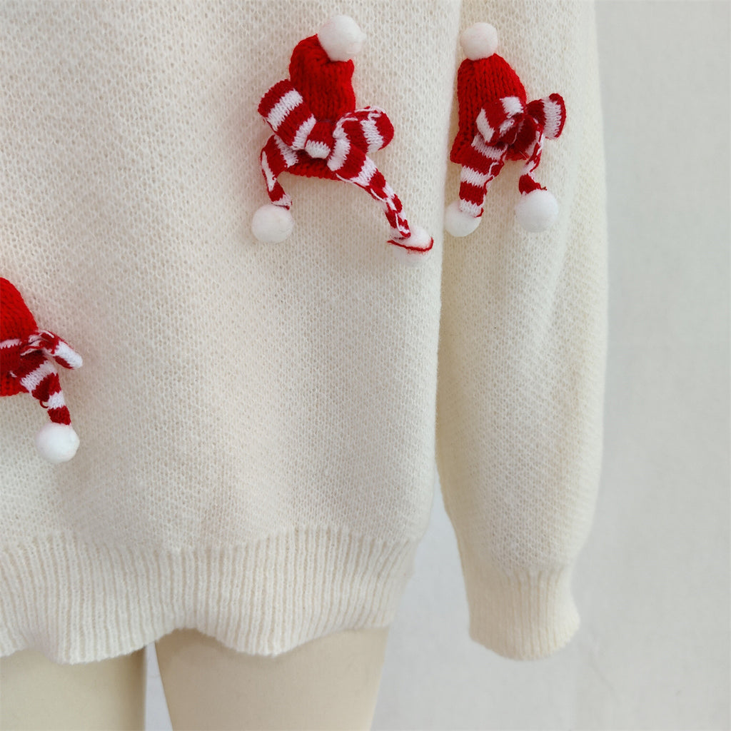 Mini Scarf Applique Crewneck Knit Sweater - White - 3