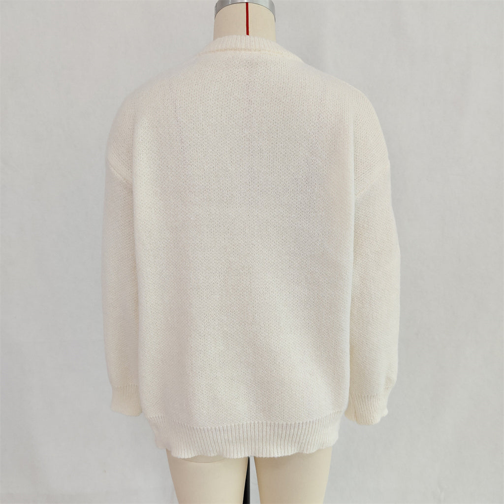Mini Scarf Applique Crewneck Knit Sweater - White - 4