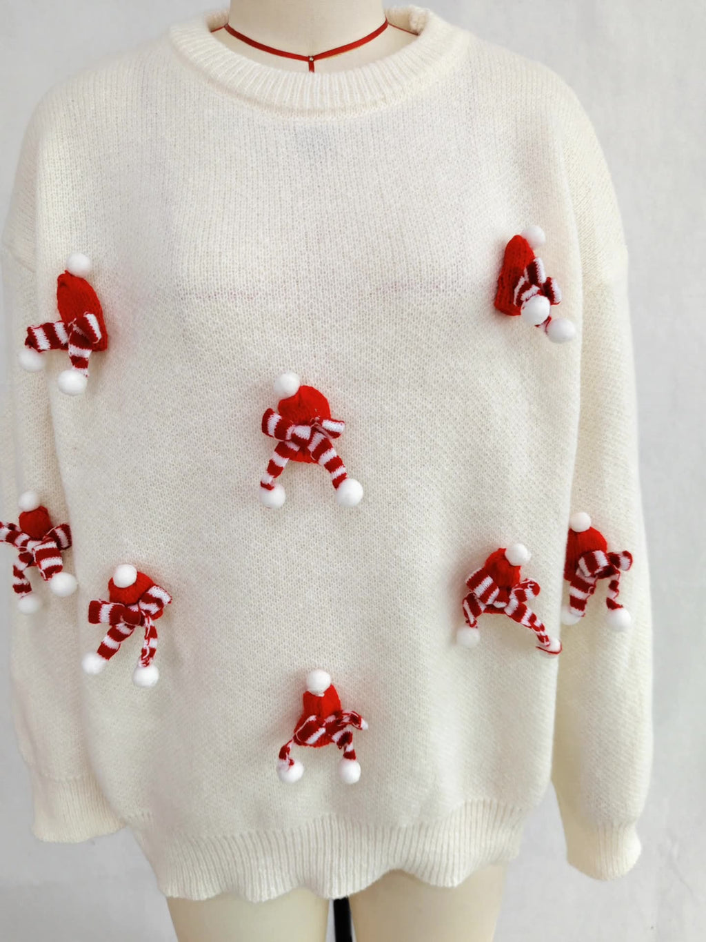 Mini Scarf Applique Crewneck Knit Sweater - White - 5