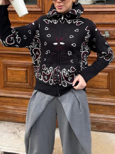 Bandana Paisley Stand Collar Zip Knit Jacket - Black