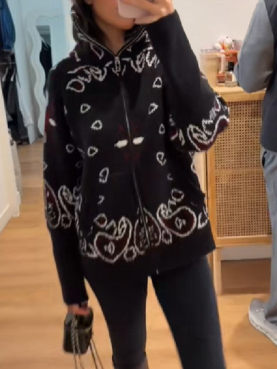 Bandana Paisley Stand Collar Zip Knit Jacket - Black - 1