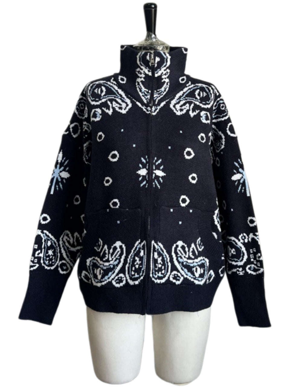 Bandana Paisley Stand Collar Zip Knit Jacket - Blue
