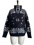 Bandana Paisley Stand Collar Zip Knit Jacket - Blue