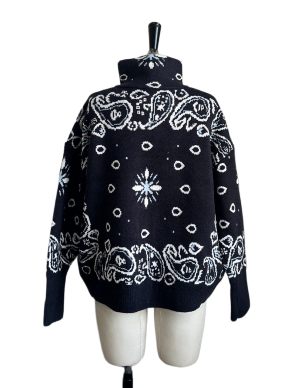 Bandana Paisley Stand Collar Zip Knit Jacket - Blue - 1