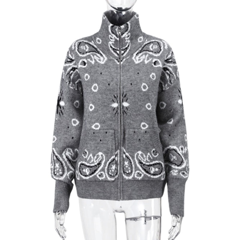 Bandana Paisley Stand Collar Zip Knit Jacket - Gray