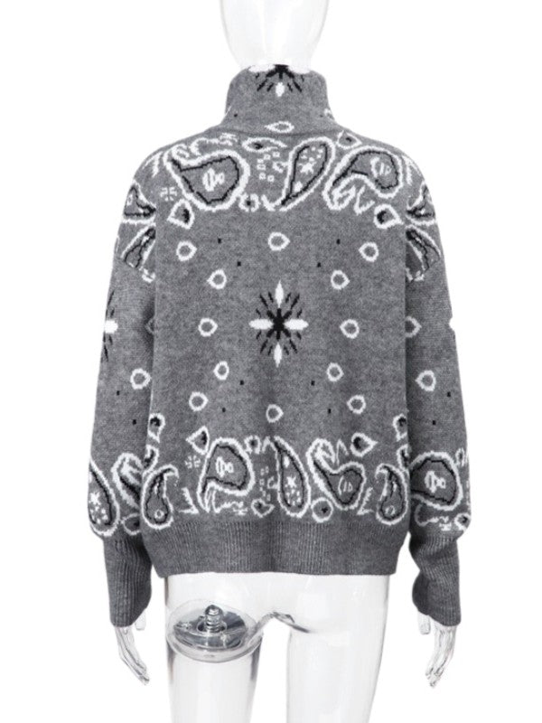 Bandana Paisley Stand Collar Zip Knit Jacket - Gray - 1