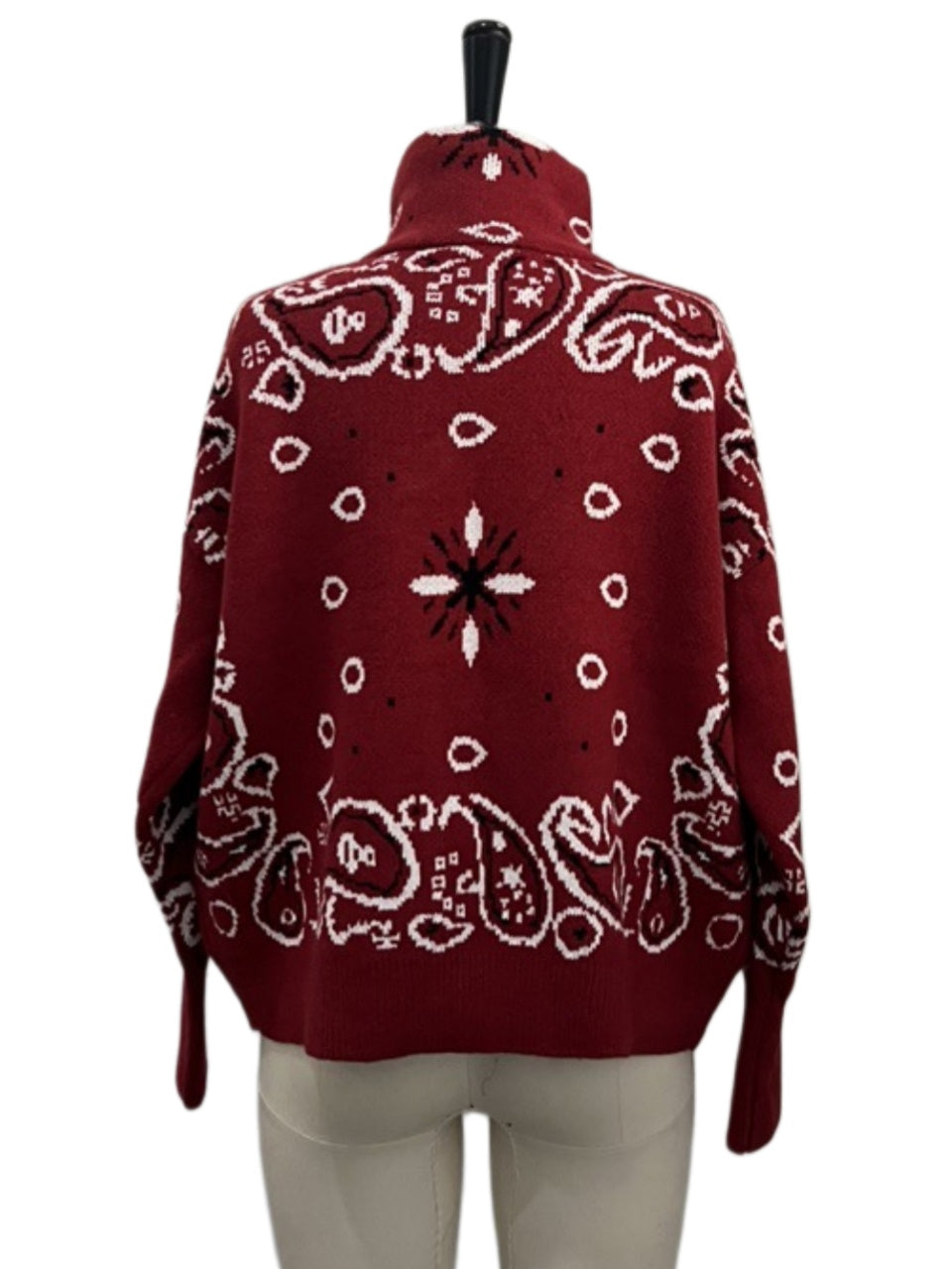 Bandana Paisley Stand Collar Zip Knit Jacket - Red - 1