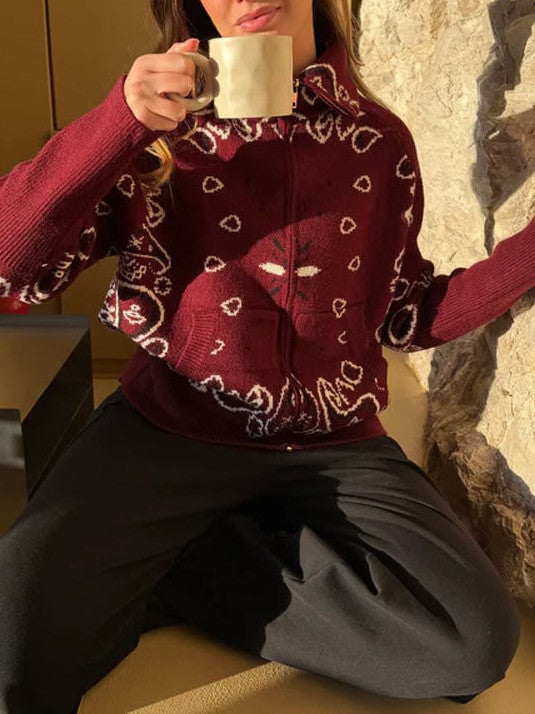 Bandana Paisley Stand Collar Zip Knit Jacket - Red - 3