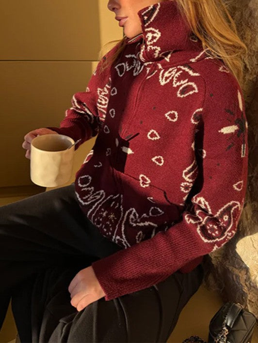 Bandana Paisley Stand Collar Zip Knit Jacket - Red - 4