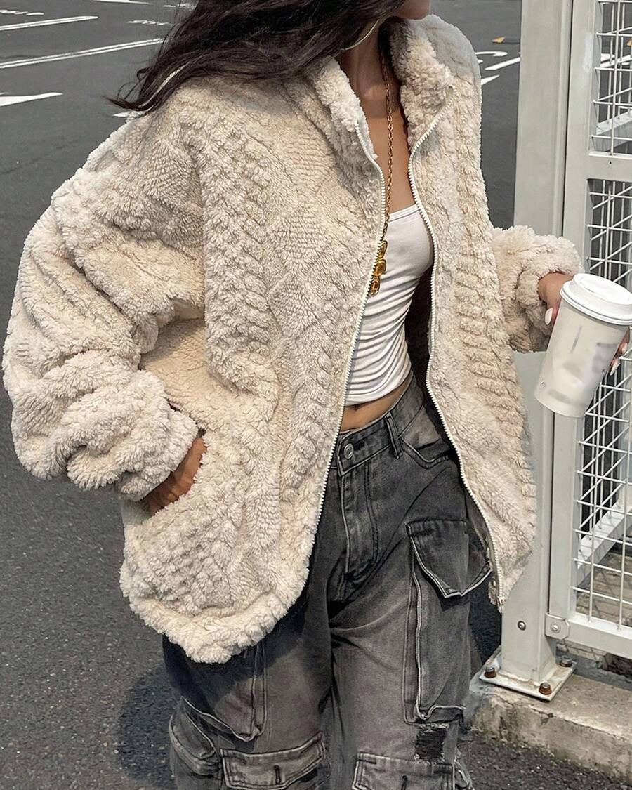 Plush Fleece Zip Up Oversized Jacket - Off-White - 1