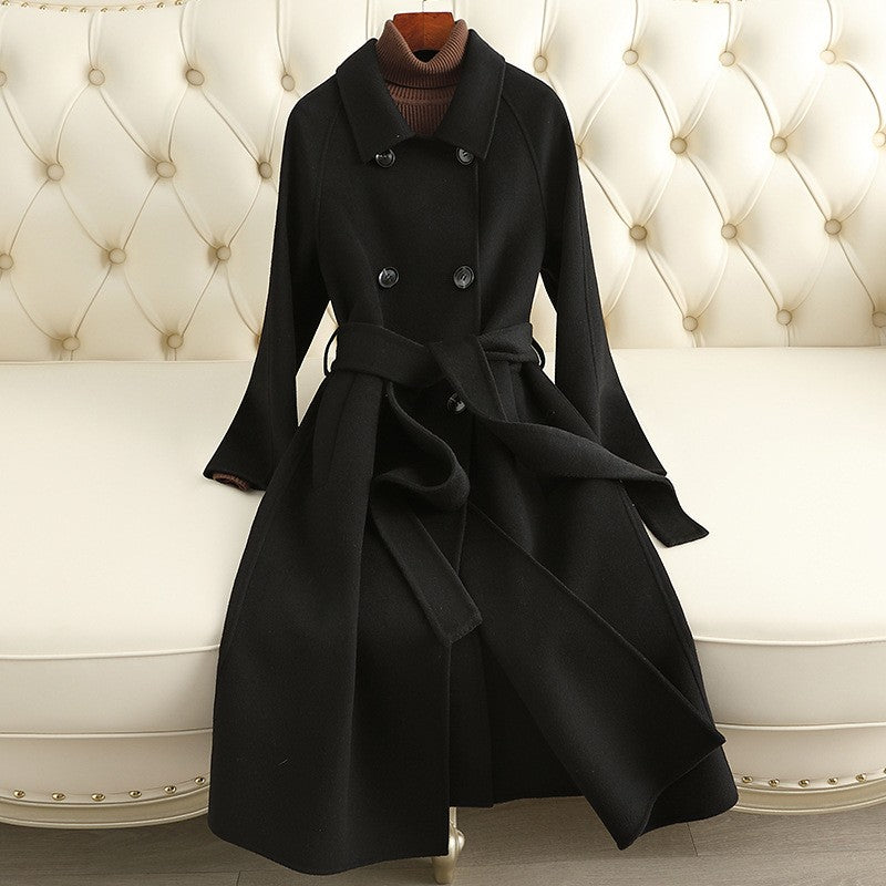 Double Breasted Shirt Collar Belted Wool Long Coat - Black