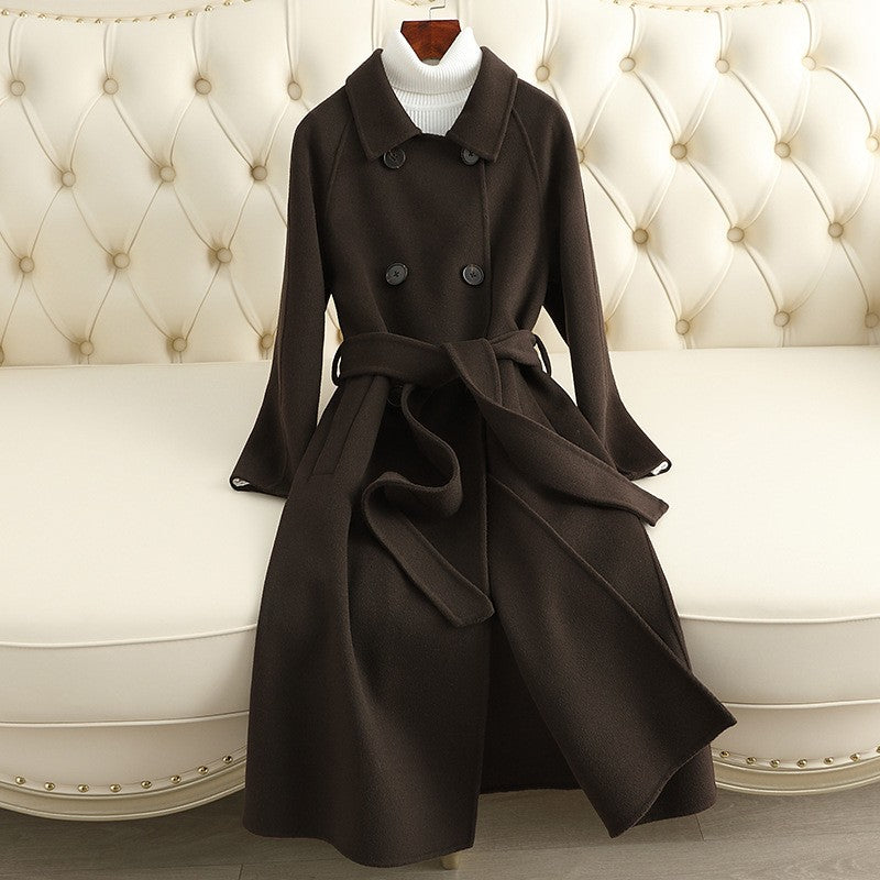 Double Breasted Shirt Collar Belted Wool Long Coat - Chocolate