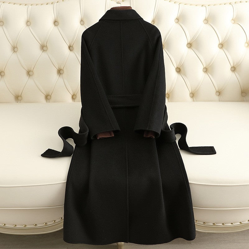 Double Breasted Shirt Collar Belted Wool Long Coat