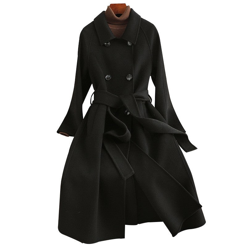 Double Breasted Shirt Collar Belted Wool Long Coat
