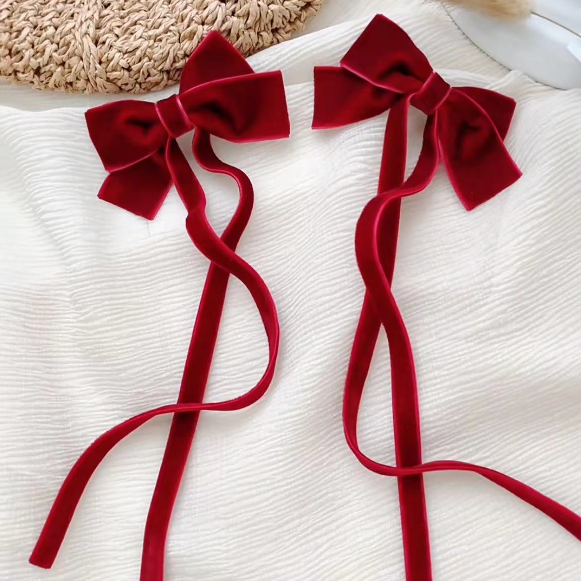Kids Velvet Long Ribbon Bow Hair Clips - Red